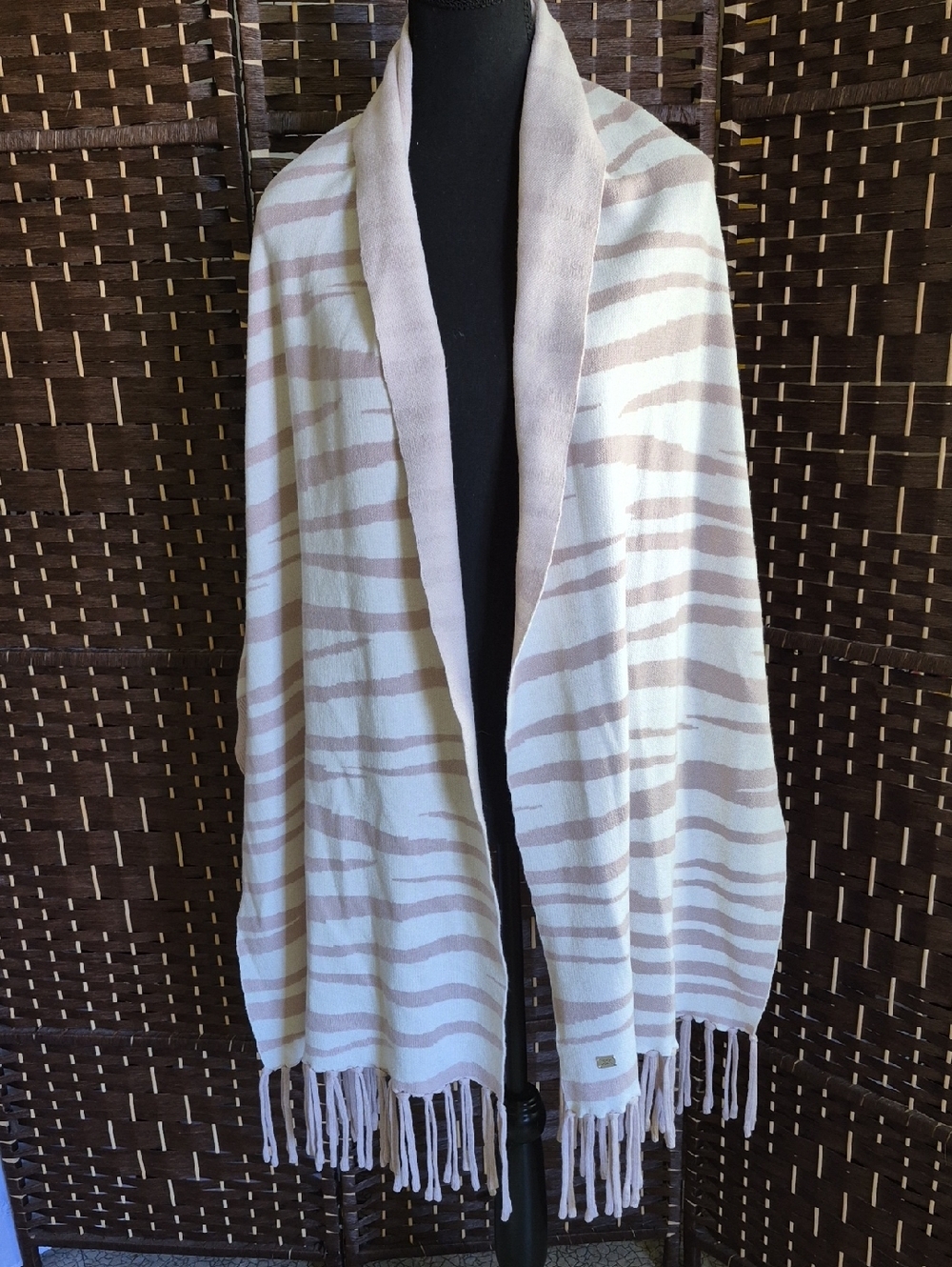 Soia & Kyo Soft Beige Knit Shawl with Subtle Taupe Zebra Stripes